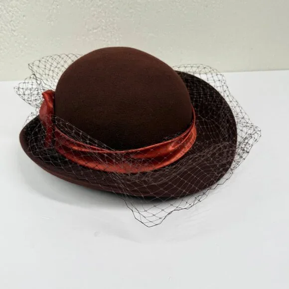 Vintage Georgi Brown Felt Hat Satin Bow Netting Accent Made in USA - Picture 2 of 8